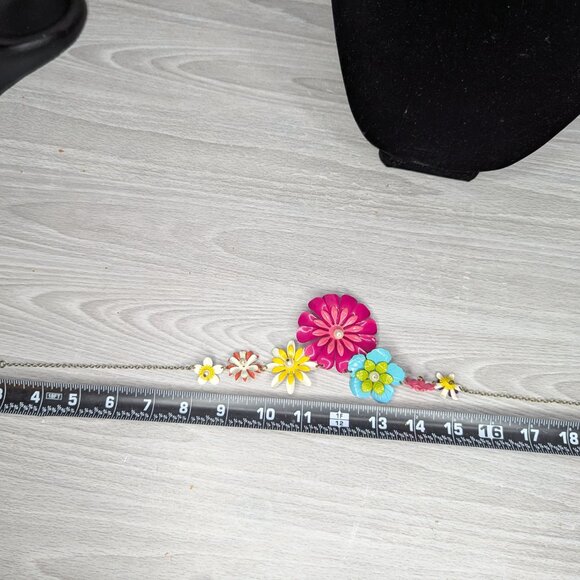 Colorful Metal Floral Necklace & Chain Pink Teal Yellow & Purple w/Lobster Clasp - Picture 8 of 11